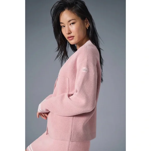 Alo Yoga Tennis Club Sweater Knit Cardigan Ballet Pink/White XS